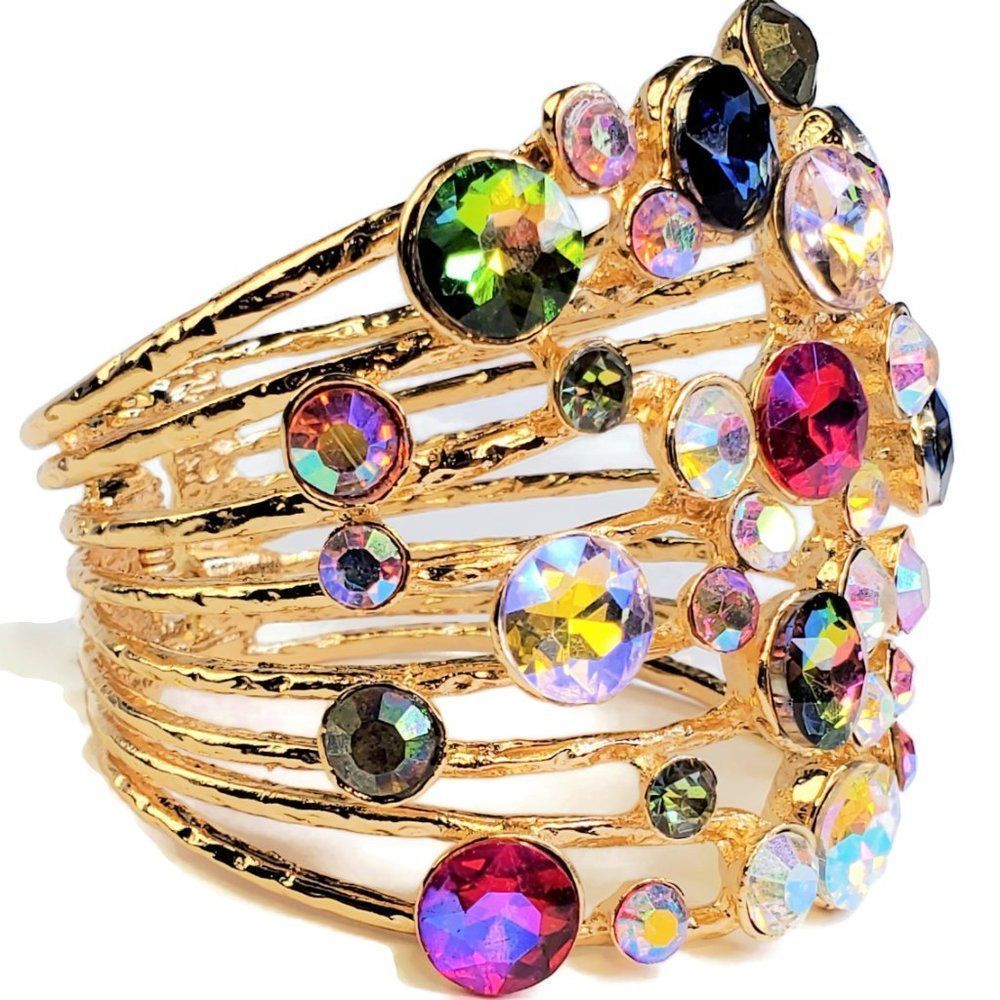 Multicolor Stone Embellished Hinged Cuff Bracelet - image 4